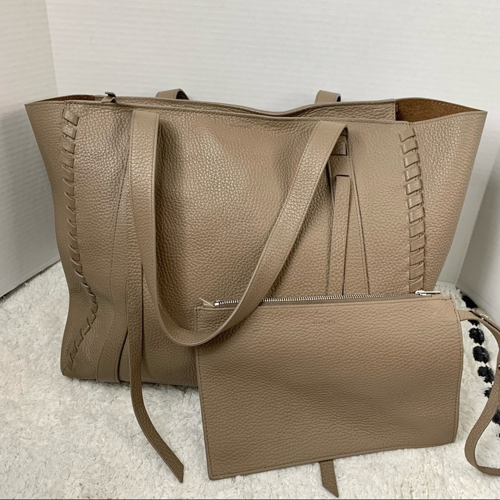 AllSaints Ray East West Pebbled Leather Tote Bag and Leather Pouch - Picture 3 of 10